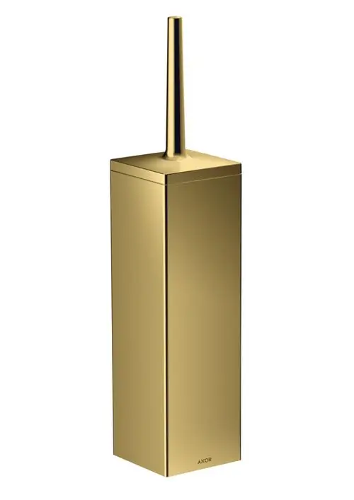 Goldfarbener, rechteckiger Toilettenbürstenhalter von AXOR mit schlankem Design und senkrechtem Griff, geeignet für die Wandmontage.